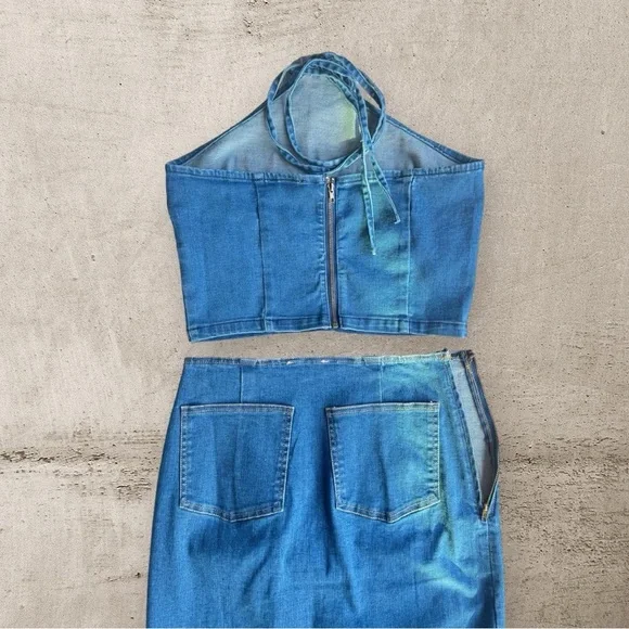 Denim Set High Waist Maxi Skirt Side Slit and cropped top Size M - Picture 10 of 13